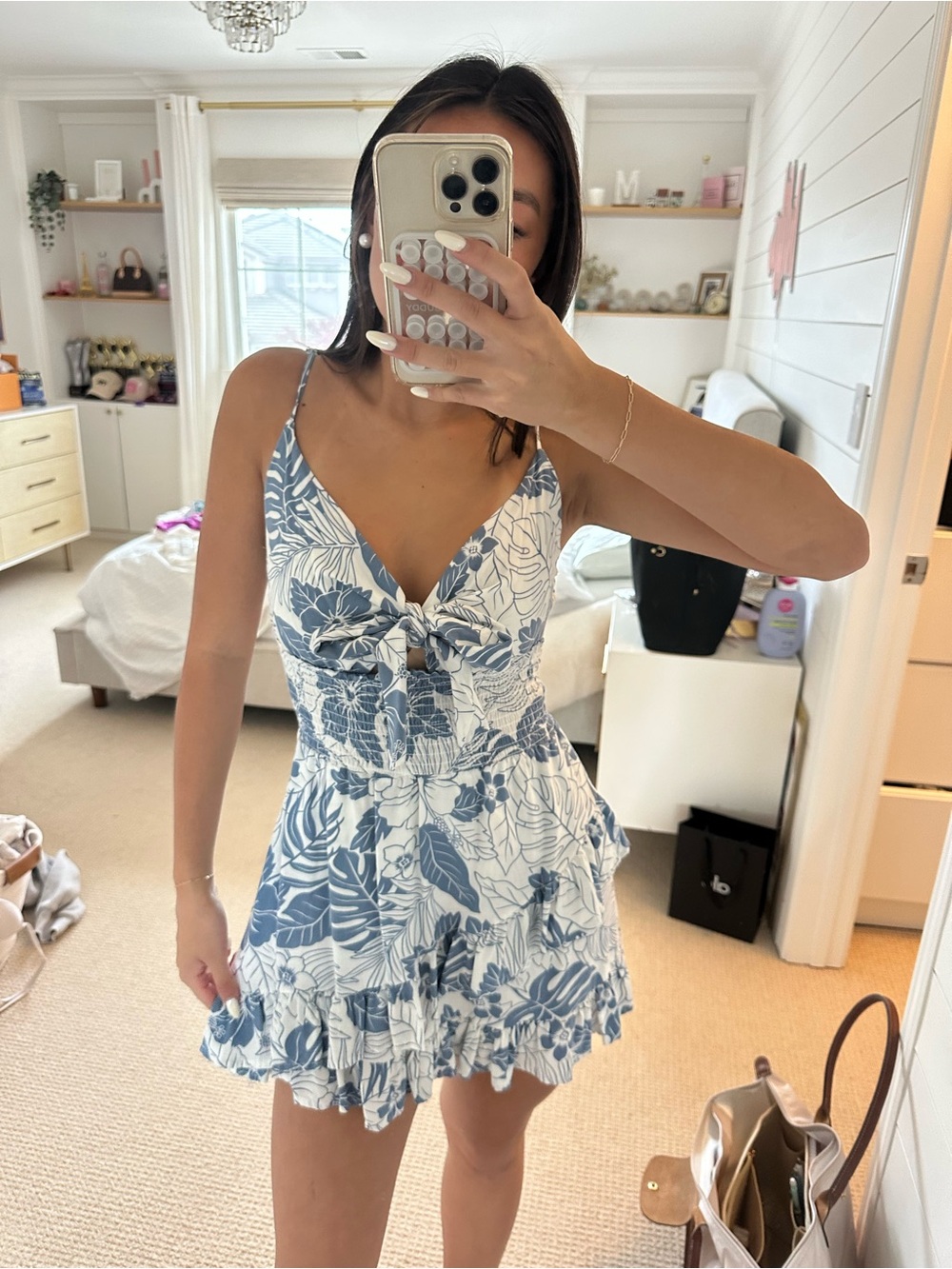 Ocean Drive White Dress with Blue Floral Print and Tie Detail
